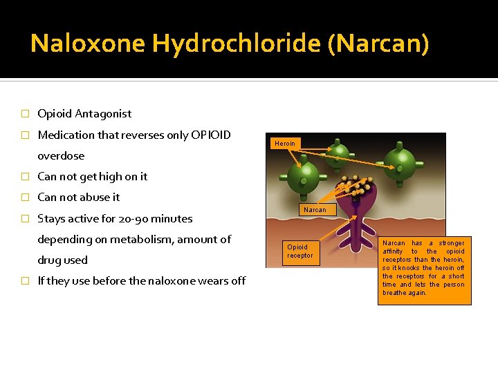 Naloxone Hydrochloride (Narcan) � Opioid Antagonist � Medication that reverses only OPIOID Heroin overdose