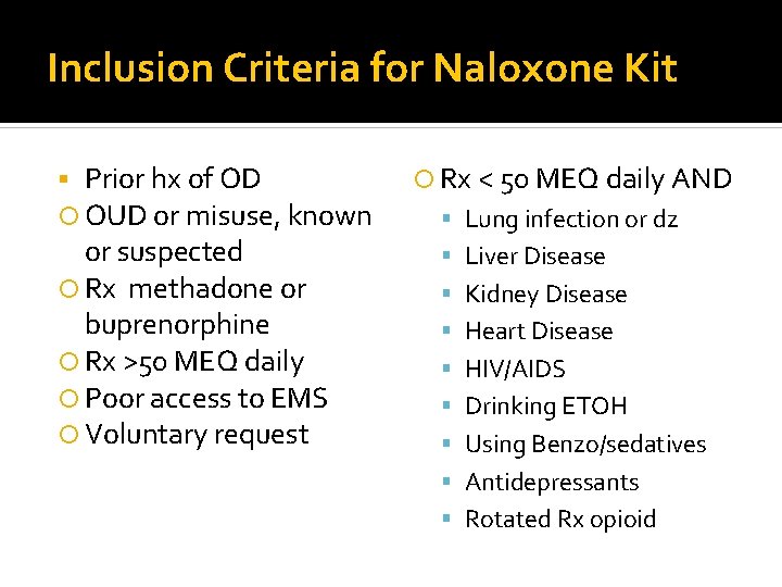 Inclusion Criteria for Naloxone Kit Prior hx of OD OUD or misuse, known or