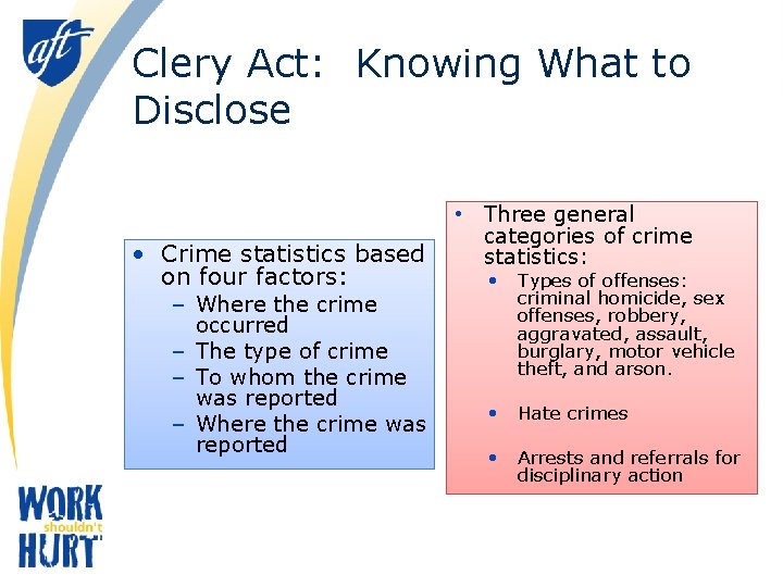 Clery Act: Knowing What to Disclose • Three general categories of crime • Crime