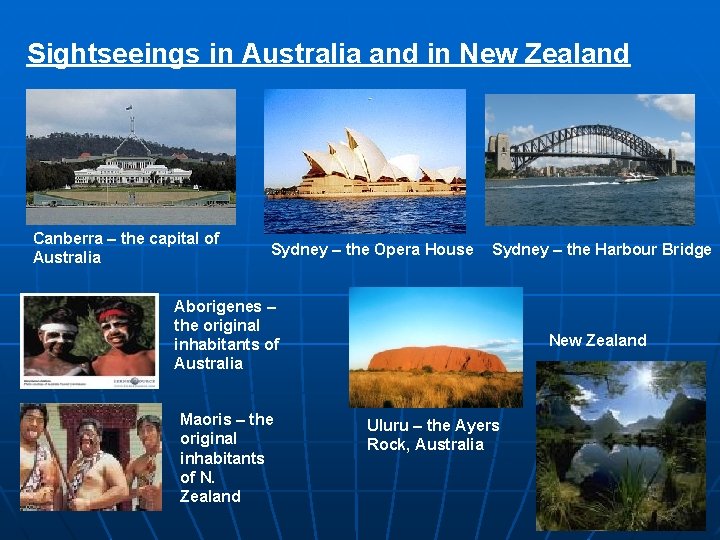 Sightseeings in Australia and in New Zealand Canberra – the capital of Australia Sydney