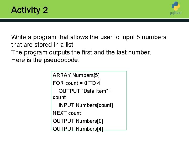 Activity 2 Write a program that allows the user to input 5 numbers Introduction