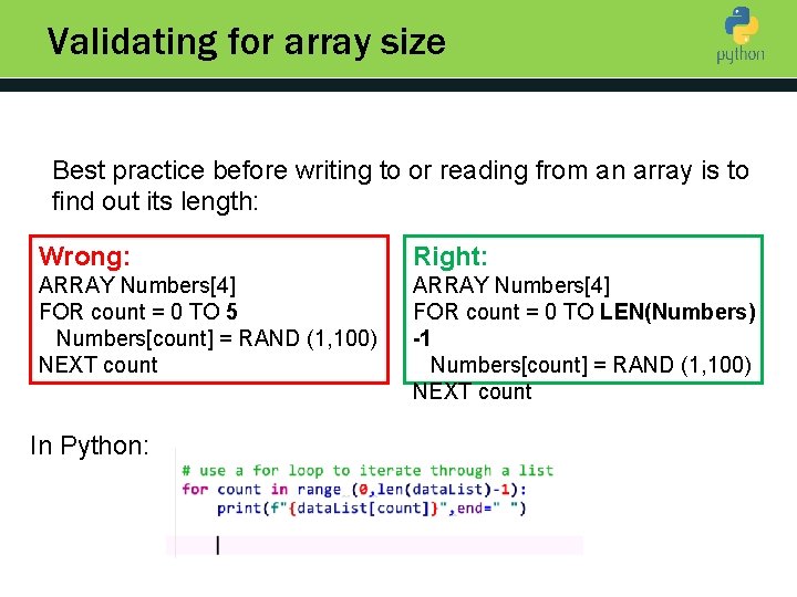 Validating for array size Introduction to Python Best practice before writing to or reading