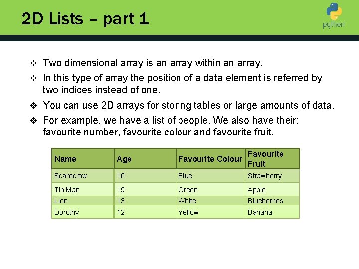 2 D Lists – part 1 v Two dimensional array is an array within