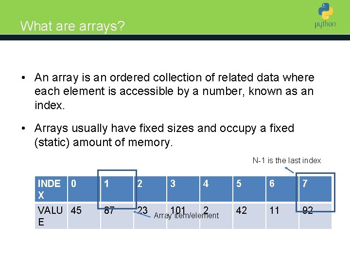 What are arrays? Introduction to Python • An array is an ordered collection of