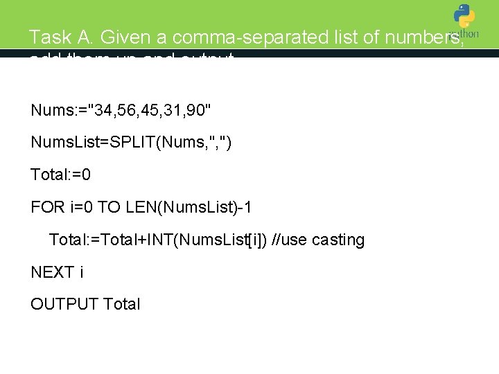 Task A. Given a comma-separated list of numbers, add them up and output Introduction