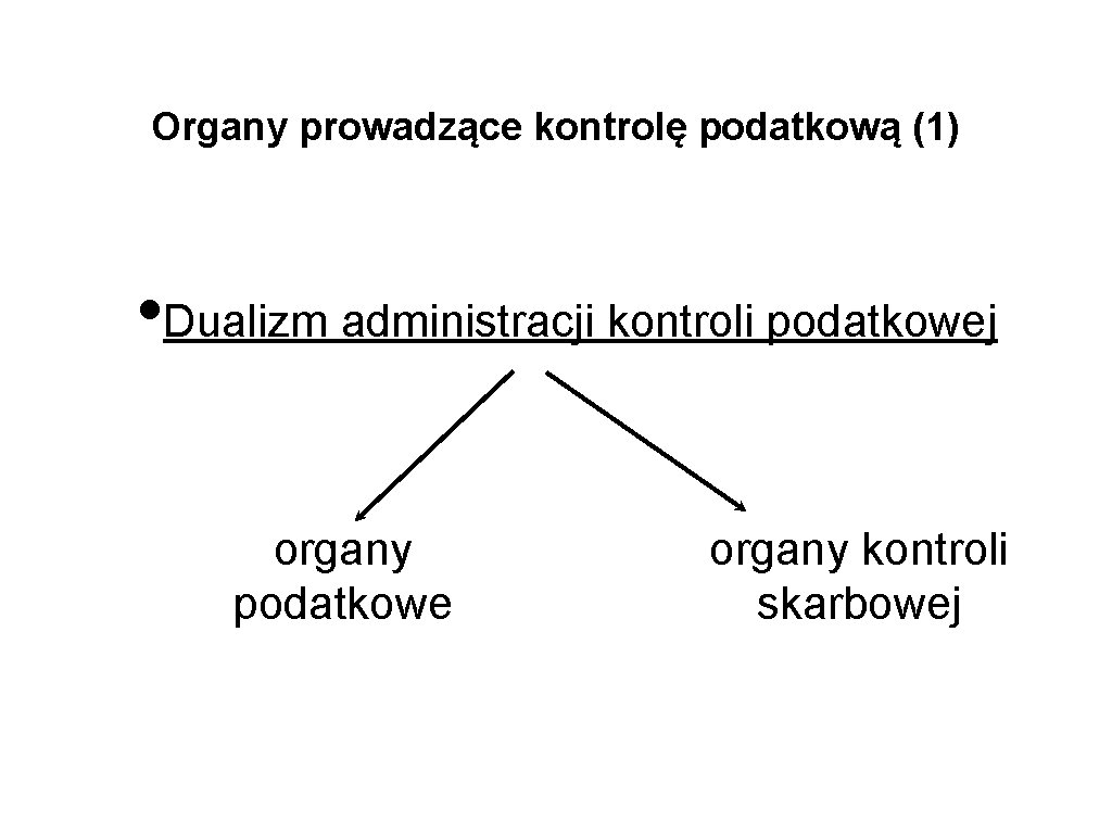 Organy prowadzące kontrolę podatkową (1) • Dualizm administracji kontroli podatkowej organy podatkowe organy kontroli