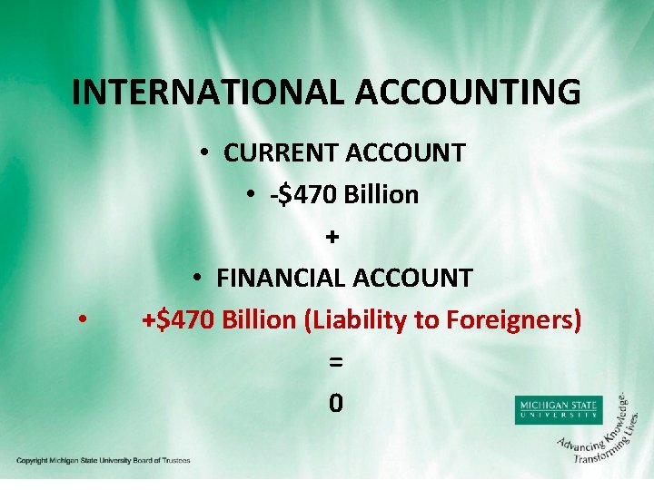 INTERNATIONAL ACCOUNTING • • CURRENT ACCOUNT • -$470 Billion + • FINANCIAL ACCOUNT +$470