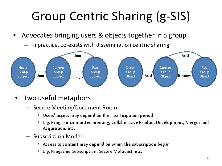 Group Centric Sharing (g-SIS) • Advocates bringing users & objects together in a group