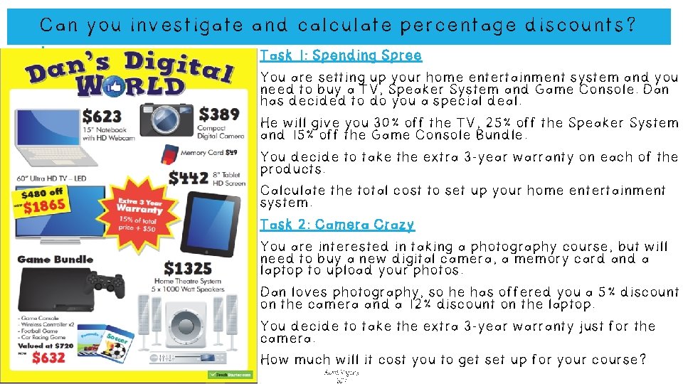 Can you investigate and calculate percentage discounts? Task 1: Spending Spree You are setting Can you investigate and calculate percentage discounts? Task 1: Spending Spree You are setting