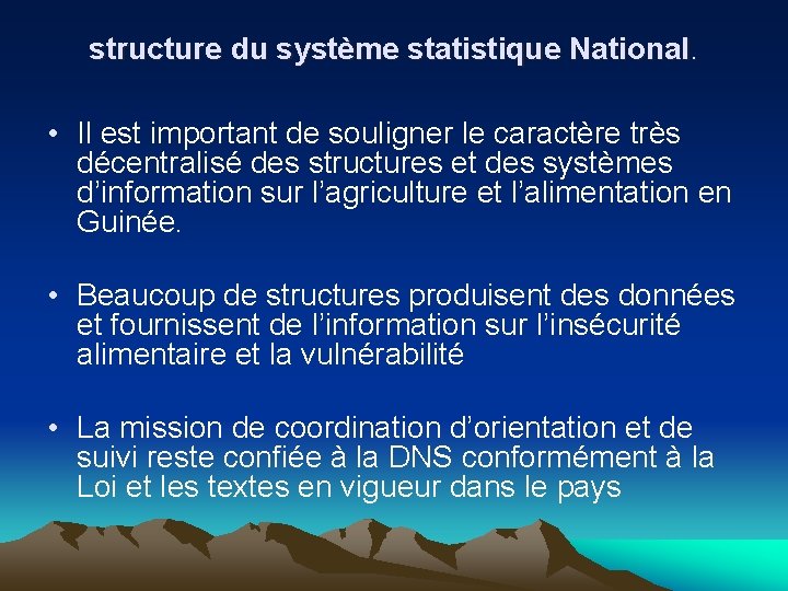 structure du système statistique National. • Il est important de souligner le caractère très