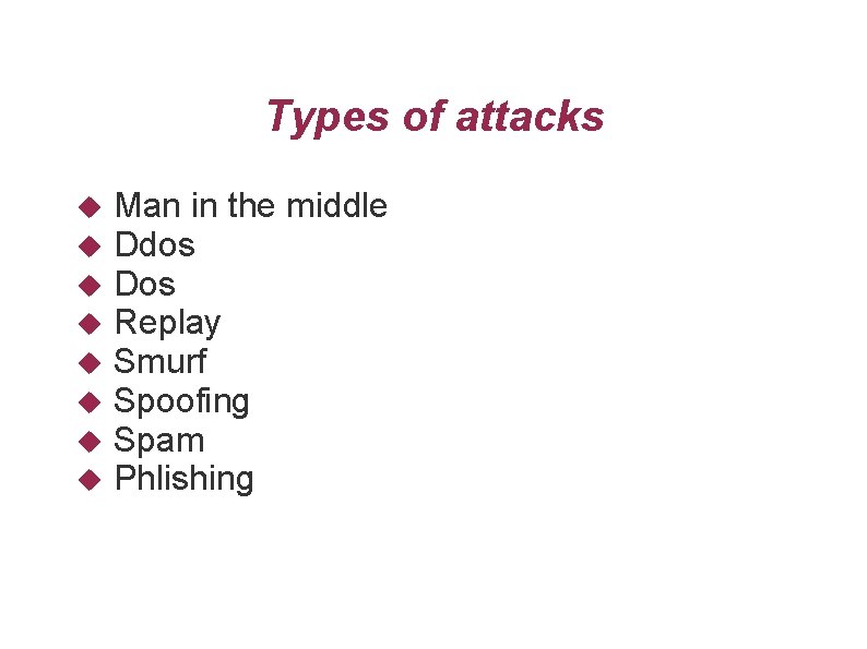 Types of attacks Man in the middle Ddos Dos Replay Smurf Spoofing Spam Phlishing