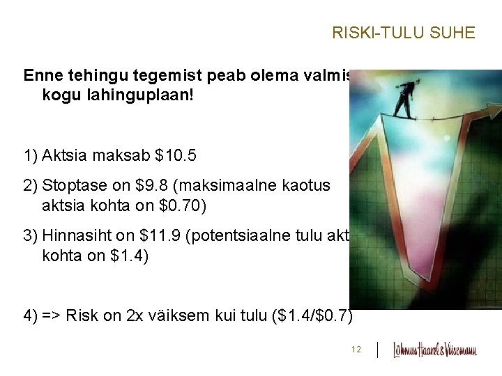 RISKI-TULU SUHE Enne tehingu tegemist peab olema valmis kogu lahinguplaan! 1) Aktsia maksab $10. RISKI-TULU SUHE Enne tehingu tegemist peab olema valmis kogu lahinguplaan! 1) Aktsia maksab $10.