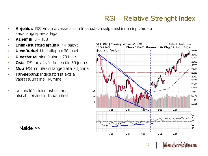 RSI – Relative Strenght Index • • • Kirjeldus: RSI võtab arvesse aktsia tõusupäeva RSI – Relative Strenght Index • • • Kirjeldus: RSI võtab arvesse aktsia tõusupäeva