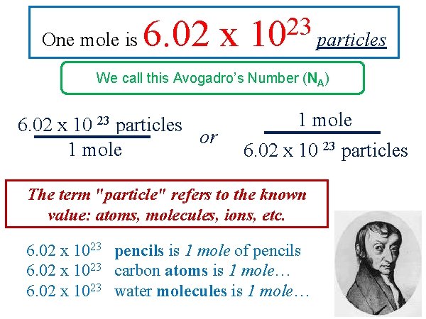 One mole is 6. 02 x 23 10 particles We call this Avogadro’s Number One mole is 6. 02 x 23 10 particles We call this Avogadro’s Number