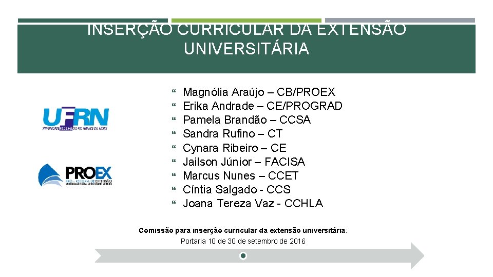 INSERÇÃO CURRICULAR DA EXTENSÃO UNIVERSITÁRIA Magnólia Araújo – CB/PROEX Erika Andrade – CE/PROGRAD Pamela INSERÇÃO CURRICULAR DA EXTENSÃO UNIVERSITÁRIA Magnólia Araújo – CB/PROEX Erika Andrade – CE/PROGRAD Pamela