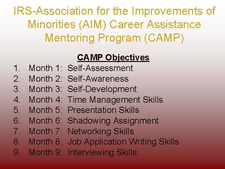IRS-Association for the Improvements of Minorities (AIM) Career Assistance Mentoring Program (CAMP) 1. 2.