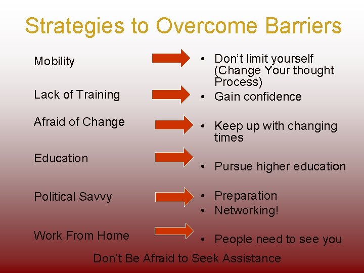 Strategies to Overcome Barriers Mobility Lack of Training Afraid of Change Education • Don’t