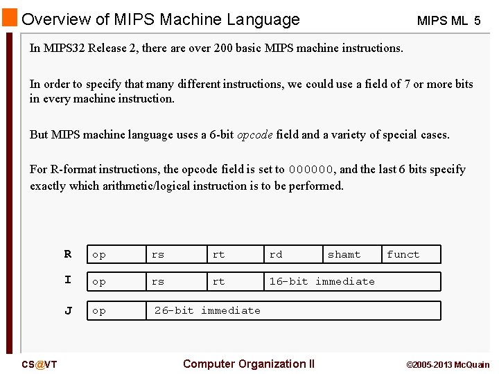 Overview of MIPS Machine Language MIPS ML 5 In MIPS 32 Release 2, there