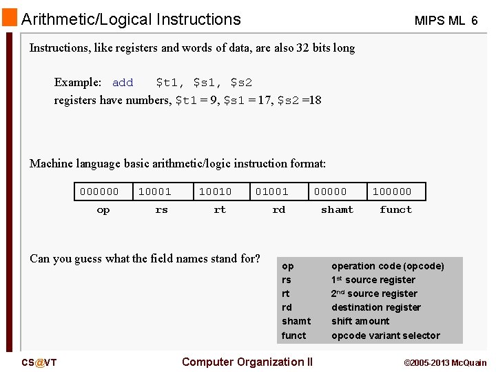 Arithmetic/Logical Instructions MIPS ML 6 Instructions, like registers and words of data, are also