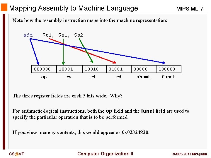 Mapping Assembly to Machine Language MIPS ML 7 Note how the assembly instruction maps