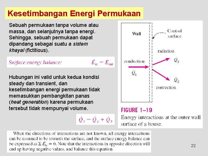 Kesetimbangan Energi Permukaan Sebuah permukaan tanpa volume atau massa, dan selanjutnya tanpa energi. Sehingga,