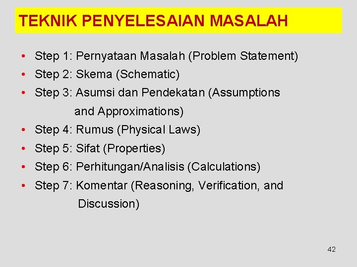 TEKNIK PENYELESAIAN MASALAH • Step 1: Pernyataan Masalah (Problem Statement) • Step 2: Skema