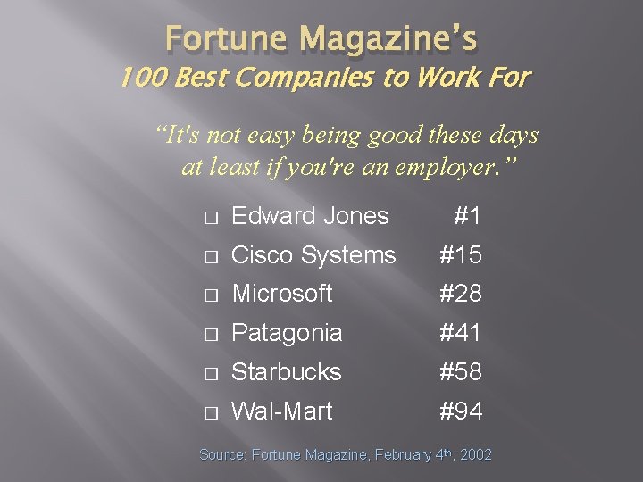 Fortune Magazine’s 100 Best Companies to Work For “It's not easy being good these