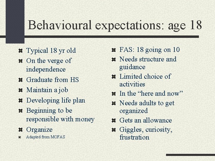 Behavioural expectations: age 18 Typical 18 yr old On the verge of independence Graduate