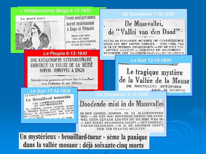 L’Indépendance Belge 6 -12 -1930 De Standaard 7 -12 -1930 Le Peuple 6 -12