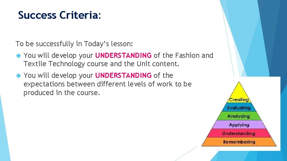 Success Criteria: To be successfully in Today’s lesson: You will develop your UNDERSTANDING of