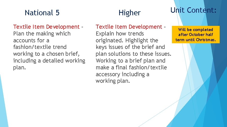 National 5 Textile Item Development – Plan the making which accounts for a fashion/textile