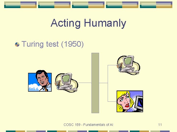 Acting Humanly Turing test (1950) COSC 159 - Fundamentals of AI 11 