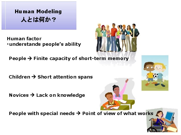 Human Modeling 人とは何か？ Human factor ・understands people’s ability People Finite capacity of short-term memory