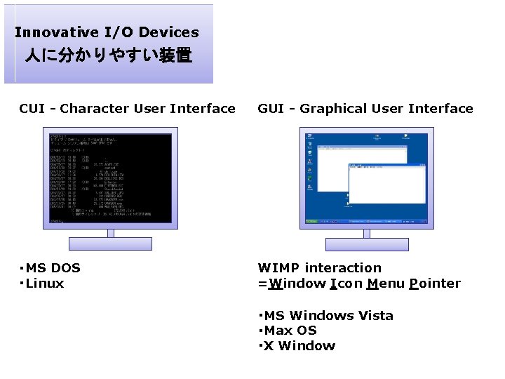 Innovative I/O Devices 人に分かりやすい装置 CUI - Character User Interface GUI - Graphical User Interface