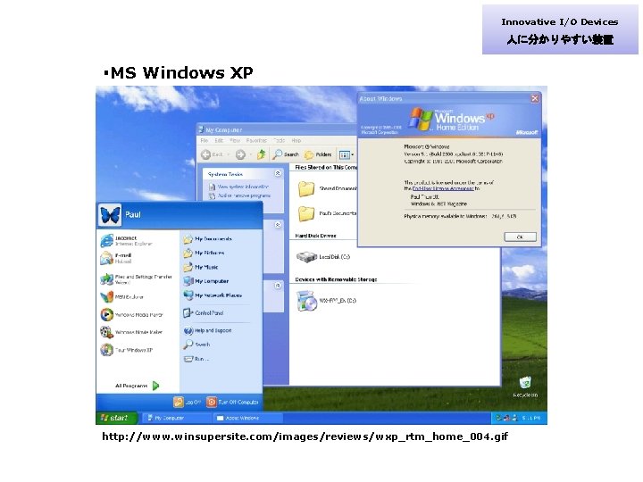 Innovative I/O Devices 人に分かりやすい装置 ・MS Windows XP http: //www. winsupersite. com/images/reviews/wxp_rtm_home_004. gif 