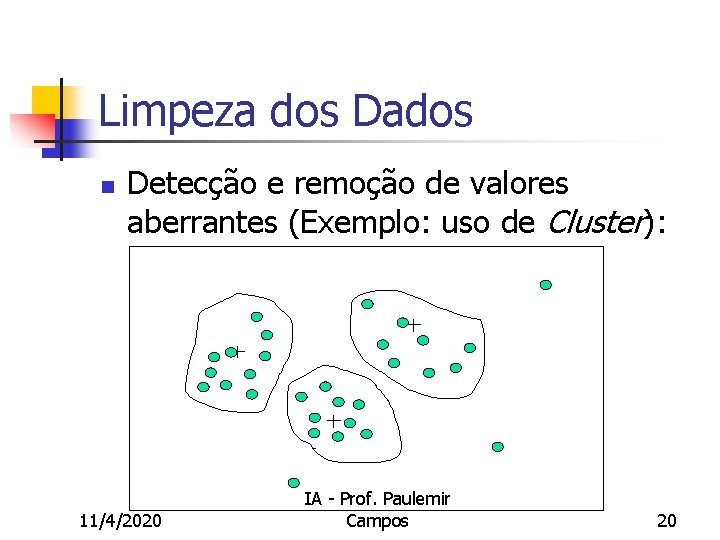 Limpeza dos Dados n Detecção e remoção de valores aberrantes (Exemplo: uso de Cluster):