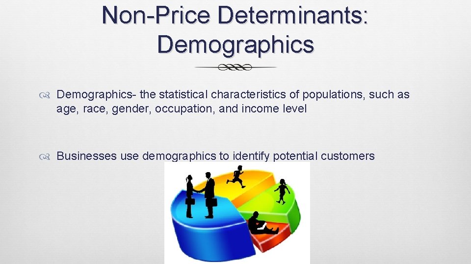Non-Price Determinants: Demographics- the statistical characteristics of populations, such as age, race, gender, occupation,