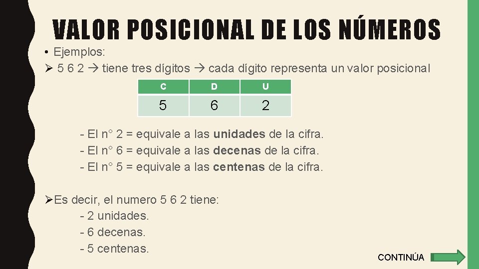 VALOR POSICIONAL DE LOS NÚMEROS • Ejemplos: Ø 5 6 2 tiene tres dígitos