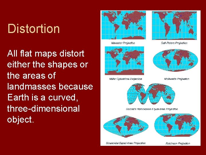 Distortion All flat maps distort either the shapes or the areas of landmasses because