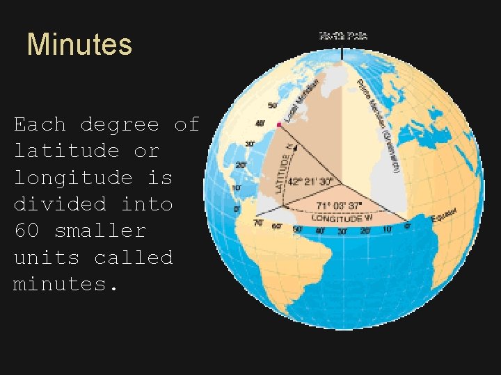 Minutes Each degree of latitude or longitude is divided into 60 smaller units called