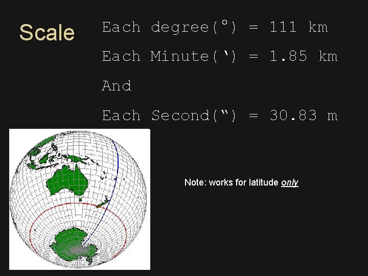 Scale Each degree(°) = 111 km Each Minute(‘) = 1. 85 km And Each