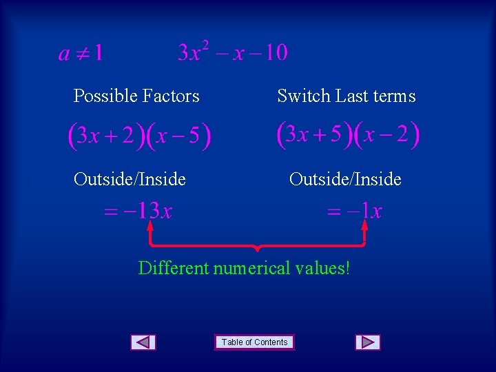 Possible Factors Switch Last terms Outside/Inside Different numerical values! Table of Contents 