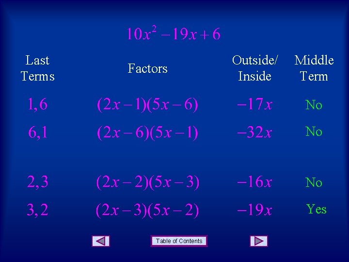 Last Terms Factors Outside/ Inside Middle Term No No No Yes Table of Contents