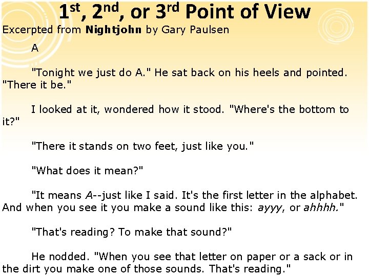 1 st, 2 nd, or 3 rd Point of View Excerpted from Nightjohn by