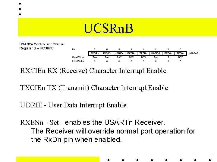 UCSRn. B RXCIEn RX (Receive) Character Interrupt Enable. TXCIEn TX (Transmit) Character Interrupt Enable