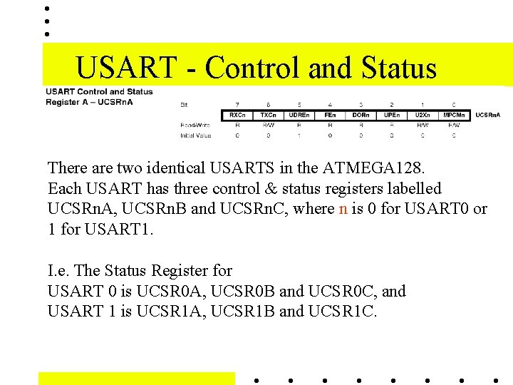 USART - Control and Status There are two identical USARTS in the ATMEGA 128.