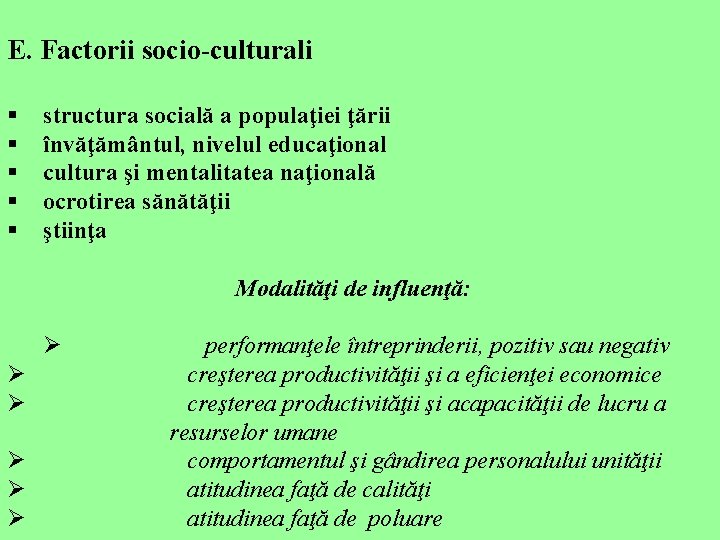 E. Factorii socio-culturali § § § structura socială a populaţiei ţării învăţământul, nivelul educaţional