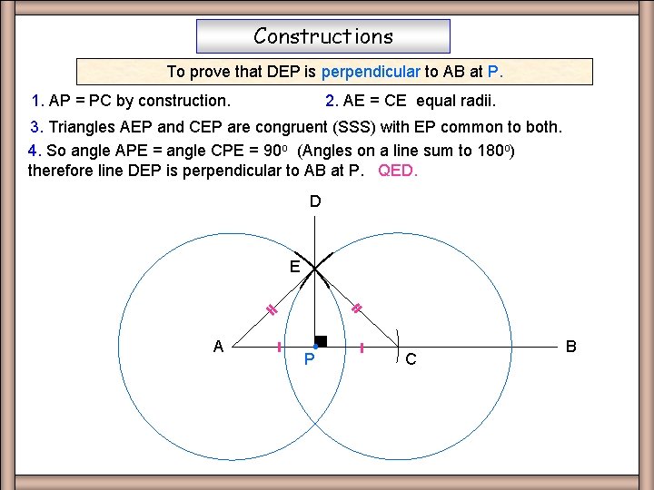 Constructions To prove that DEP is perpendicular to AB at P. 1. AP =