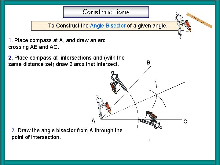 Constructions To Construct the Angle Bisector of a given angle. 1. Place compass at