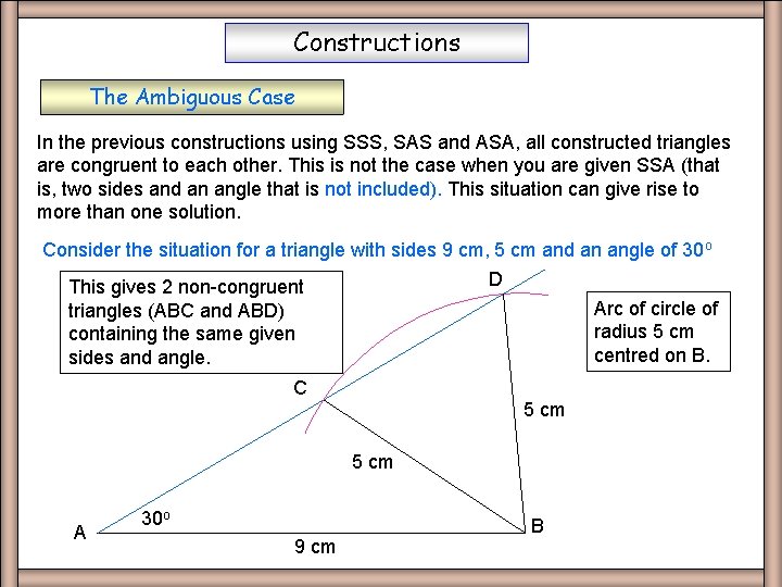 Constructions The Ambiguous Case In the previous constructions using SSS, SAS and ASA, all